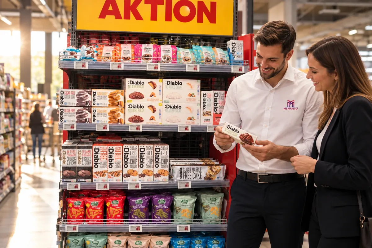 Menanto-Mitarbeiter mit einer Einkäuferin an einem Aktionsdisplay im Supermarkt