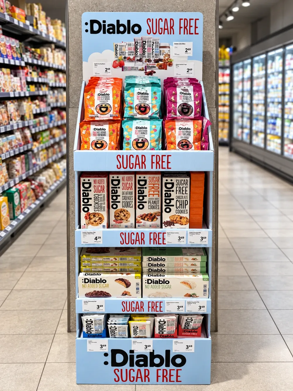 Verkaufsdisplay von :Diablo Sugar Free im Supermarkt