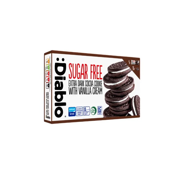 :Diablo Extra dunkle Sandwichkekse mit Vanillecreme ohne Zuckerzusatz 176 g