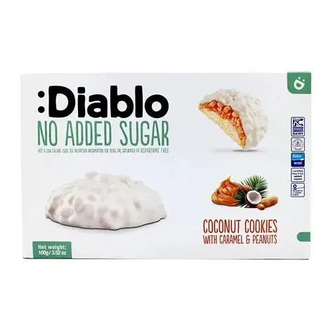 :Diablo Kokoskekse mit Karamell & Erdnüssen ohne Zuckerzusatz 100 g